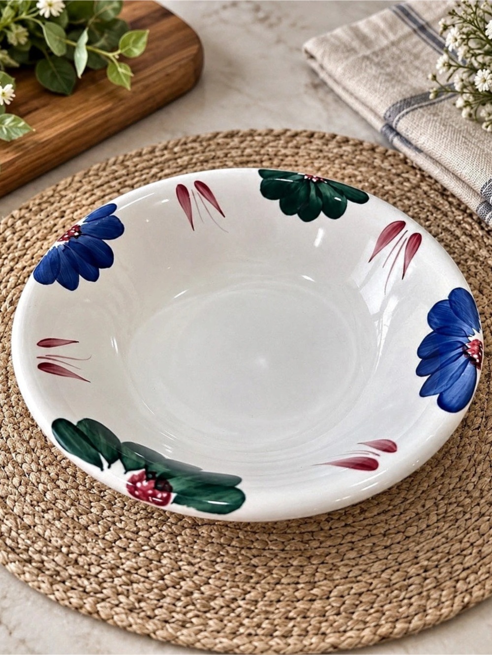 Vintage Roma Inc Italy 10โ Hand Painted Floral Ceramic Serving Bowl Blue Green
